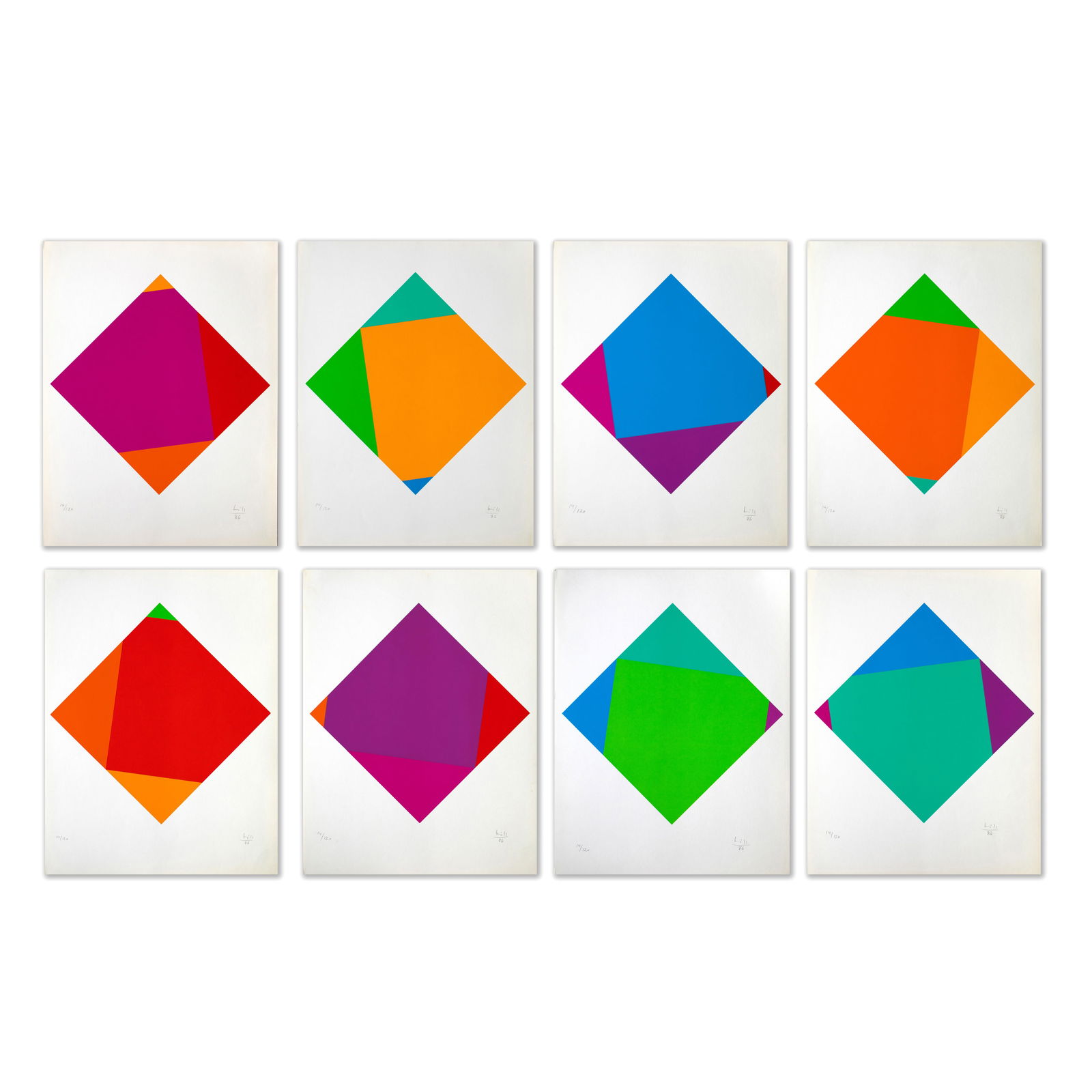 Max Bill (1908 -1994), 'Eight transcolorations', 1986 in portfolio: Portfolio with 8 color serigraphs on lightweight cardboard. 65 x 50 cm. Each signed, dated, and numbered: Bill86, 14/120. In original portfolio.