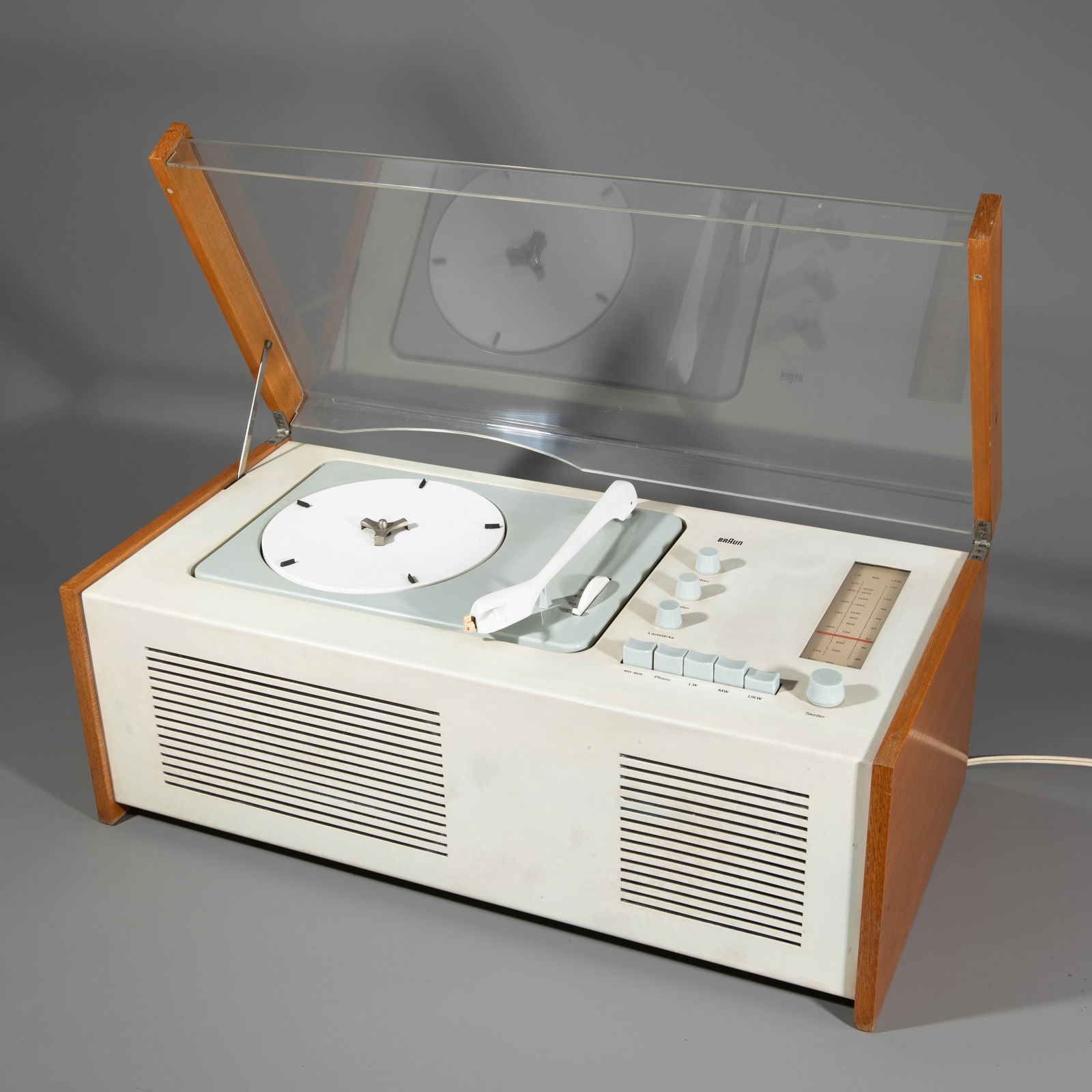 Dieter Rams; Hans Gugelot, Stereo system model Phonosuper SK 5 / Schneewittchensarg: Dieter Rams & Hans Gugelot Designed in 1958. Manufactured by Braun AG. Wood, white lacquered metal, acrylic. 24.5 x 58.5 x 29 cm. Marked several times.