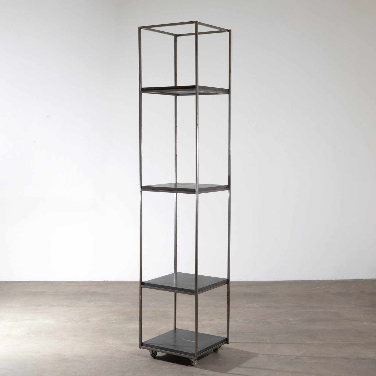 Pentagon, Shelf, custom-made for the Schüppenhauer Gallery: Designed and manufactured by Pentagon around 1997 for the Schüppenhauer Gallery in Cologne. Only two of these shelves were produced. Square steel tubing, black, asbestos-free cement fiberboard, a