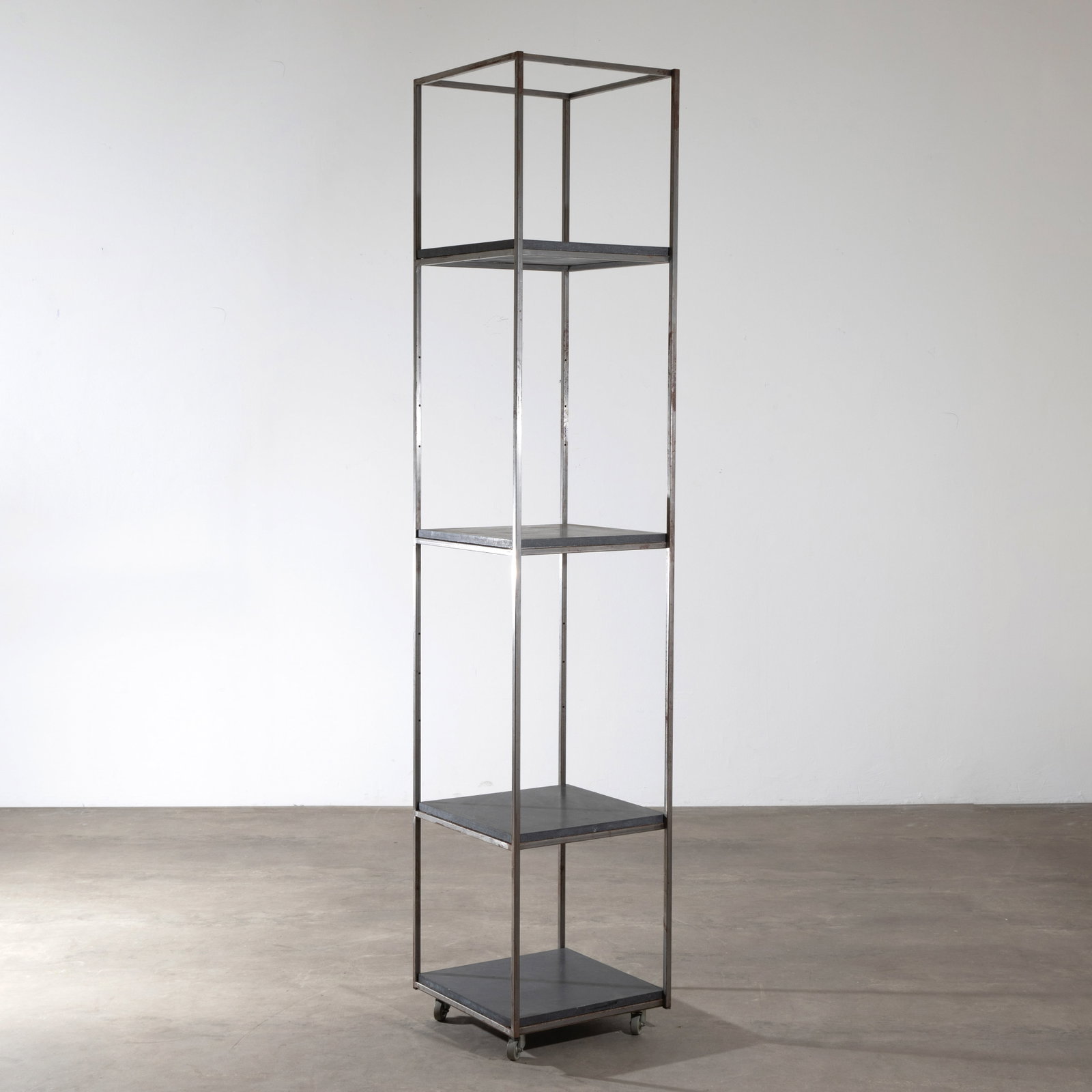 Pentagon, Shelf, custom-made for the Schüppenhauer Gallery: Designed and manufactured by Pentagon around 1997 for the Schüppenhauer Gallery in Cologne. Only two of these shelves were produced. Square steel tubing, black, asbestos-free cement fiberboard, a
