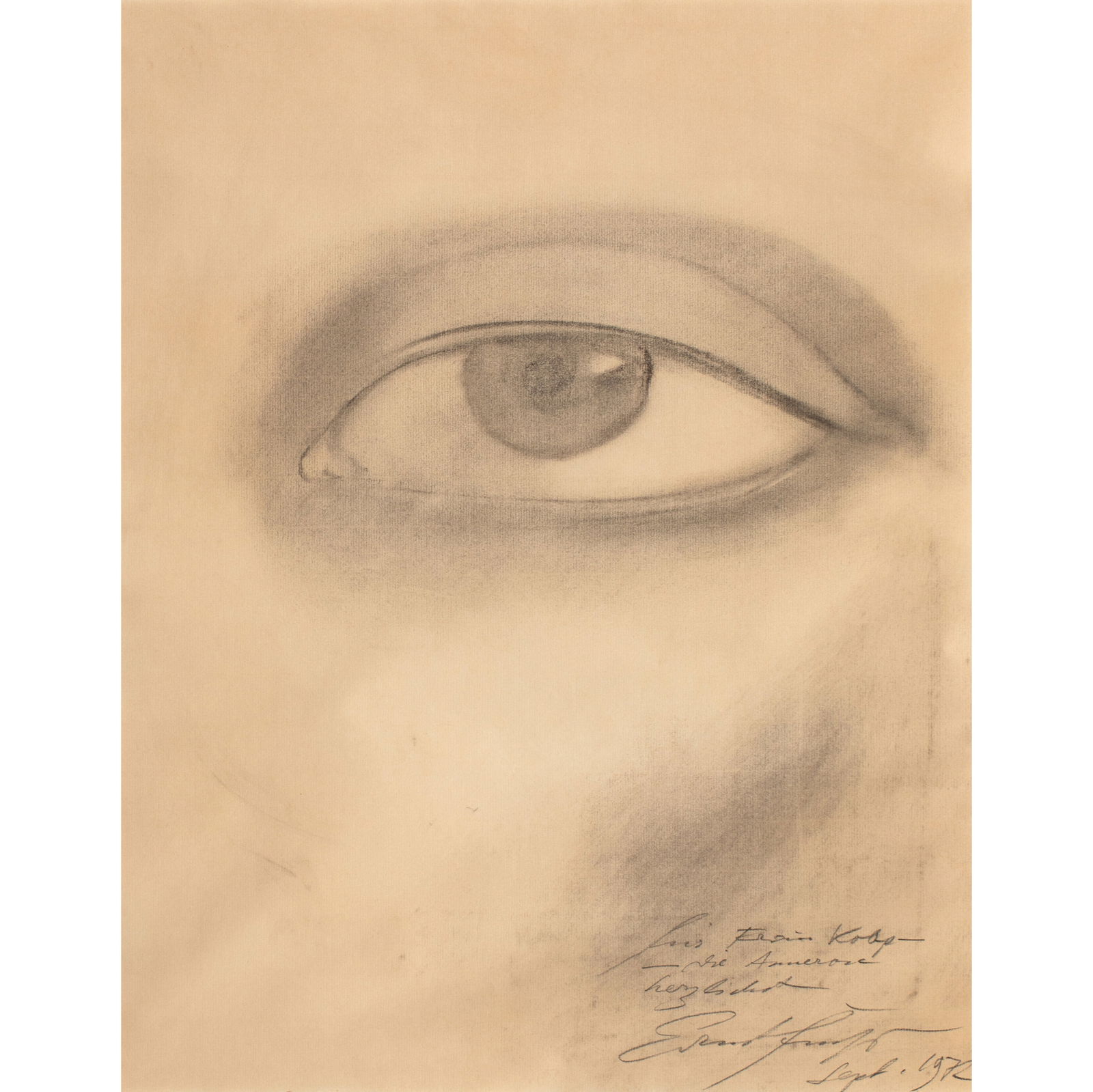 Ernst Fuchs* (1930-2015), Untitled. 1971: Fuchs, Ernst Drawing. Pencil on parchment paper. 59.5 x 46.5 cm. Signed, dated, and dedicated lower right: Ernst Fuchs Sept. 1972 (pencil). Framed behind glass in a mat and inscribed accordingly.