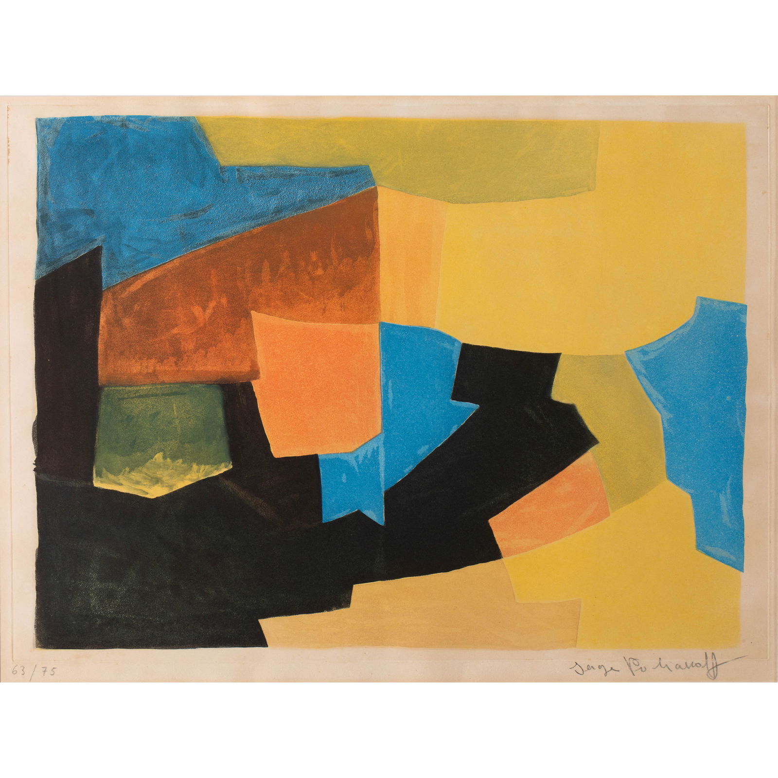 Serge Poliakoff* (1900-1969), 'Composition en noir, jaune, bleu et rouge', 1966: Poliakoff, Serge Aquatint, color etching on paper. 45.3 x 60 cm (image). Numbered lower left: 63/75 and signed lower right: Serge Poliakoff (pencil). Published by 20th Century, Paris, printed by J. Da