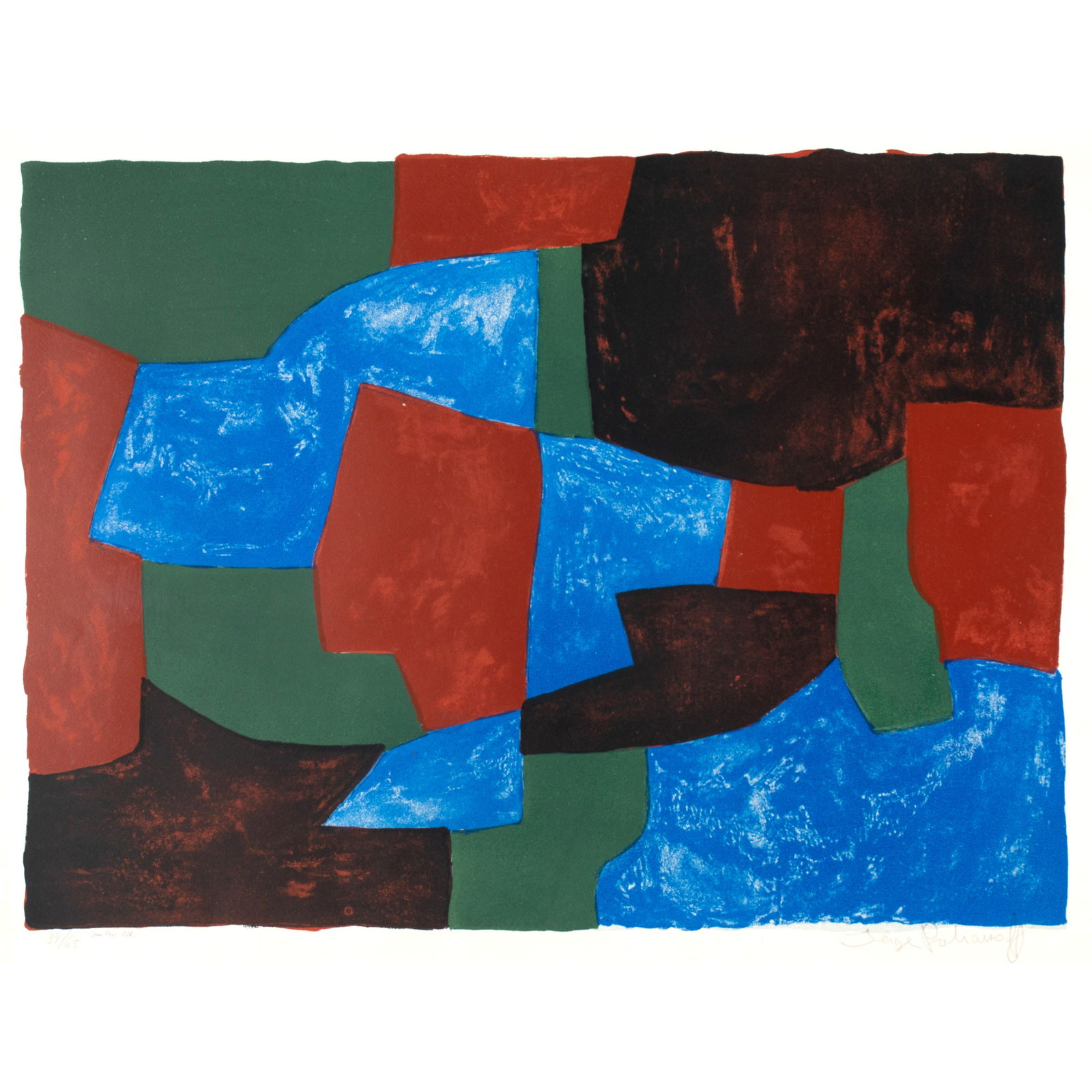 Serge Poliakoff*, 'Composition bleue, verte et rouge', 1960/61: Poliakoff, Serge Serge Poliakoff (1900 - 1969). Color lithograph on BFK Rives wove paper. 45.5 x 61.6 cm (image). Numbered lower left: 34/65 (pencil) and studio stamp: Jean Pons -lith, signed lower ri