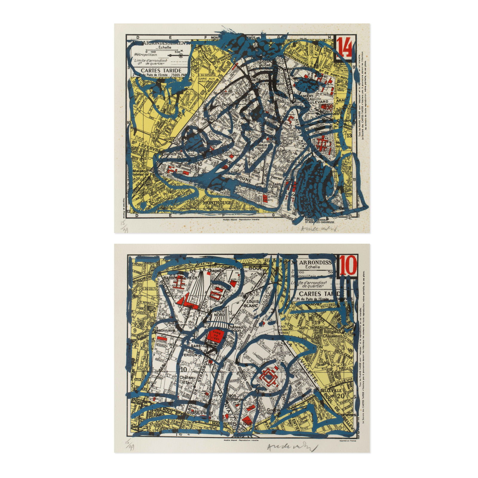 Pierre Alechinsky* (1927), 'Paris, 10th and 14th arrondissements', 1983: Alechinsky, Pierre 2 sheets color lithograph on paper. Each 32 x 47 cm. Numbered lower left: 15/99 and signed lower right: Alechinsky (pencil). Each 15 of 99 copies from the 'Arrondissements' portfoli