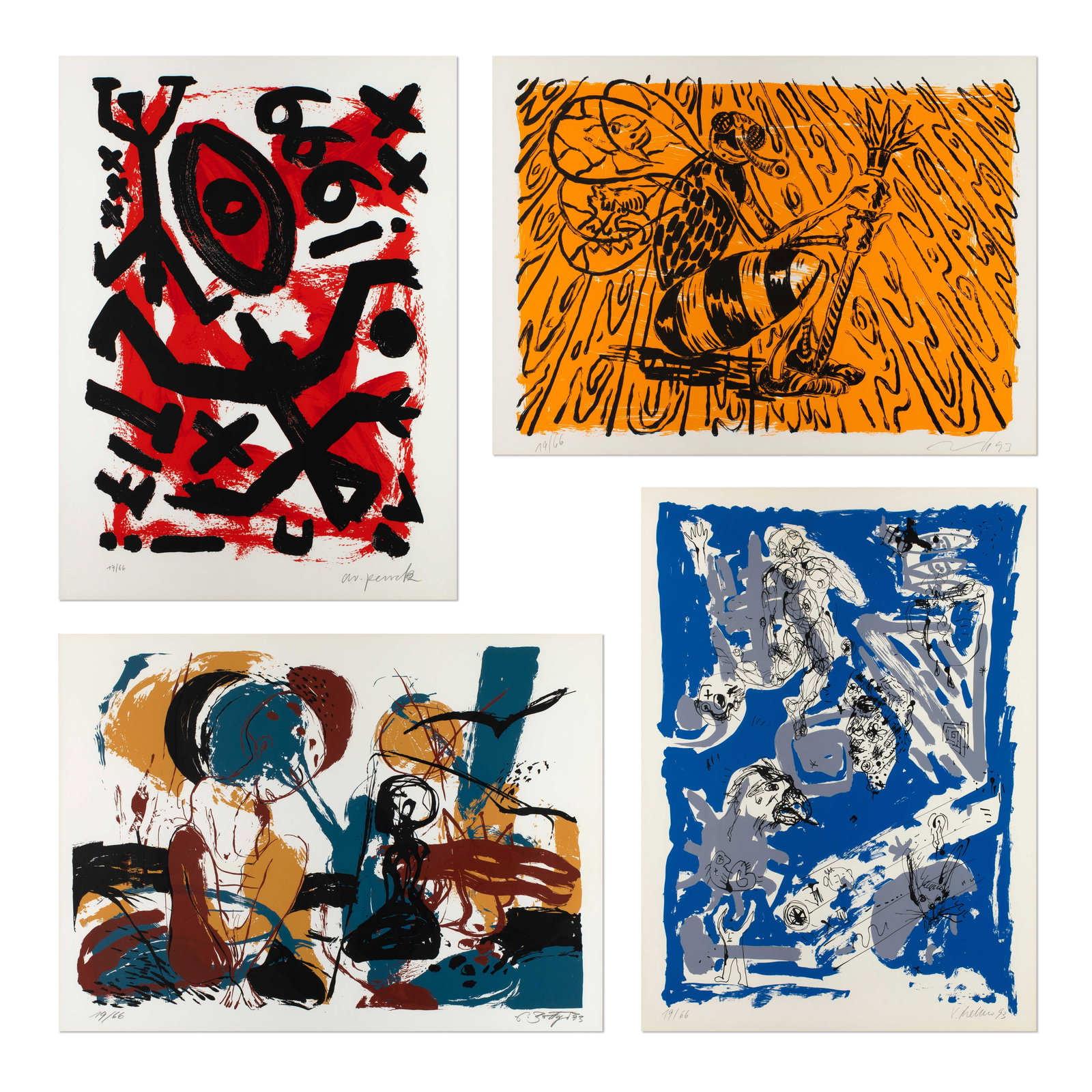 A. R. Penck, Eckhard Böttger, Jörg Immendorff, Volker Mehner, 'Portfolio', 1993.: A. R. Penck, Eckhard Böttger, Jörg Immendorff, Volker Mehner Portfolio containing four serigraphs by Eckhard Böttger, Jörg Immendorf, Volker Mehner, and AR Penck. Sheet 60 x 60 cm.