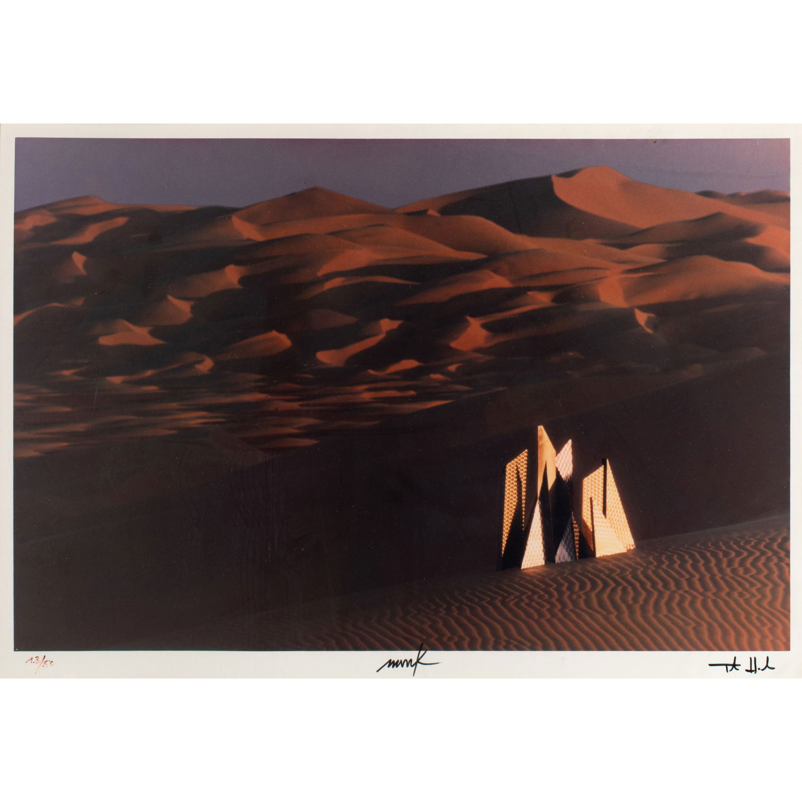 Heinz Mack, Thomas Höpker*, Photograph from the series 'Expedition in künstliche Gä: Hein Mack, Thomas Höpker Color photograph (dye transfer) on paper. 50.5 x 60.5 cm. Numbered lower left: 13/50, signed center and right: Mack and Th. Höpker (black felt-tip pen). One sheet fr