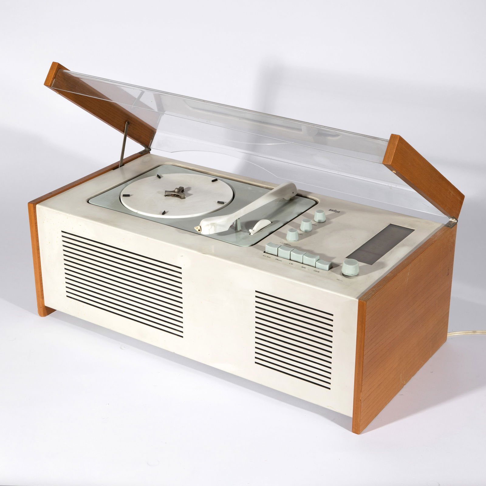 Dieter Rams & Hans Gugelot, Phonosuper SK 5 / Snow White's Coffin: Gugelot / Rams Designed in 1958. Manufactured by Braun AG. Wood, white lacquered metal, acrylic. 25 x 58.5 x 29.5 cm. Signed several times. Jo Klatt & Günter Staeffler, Braun+Design Collection, H