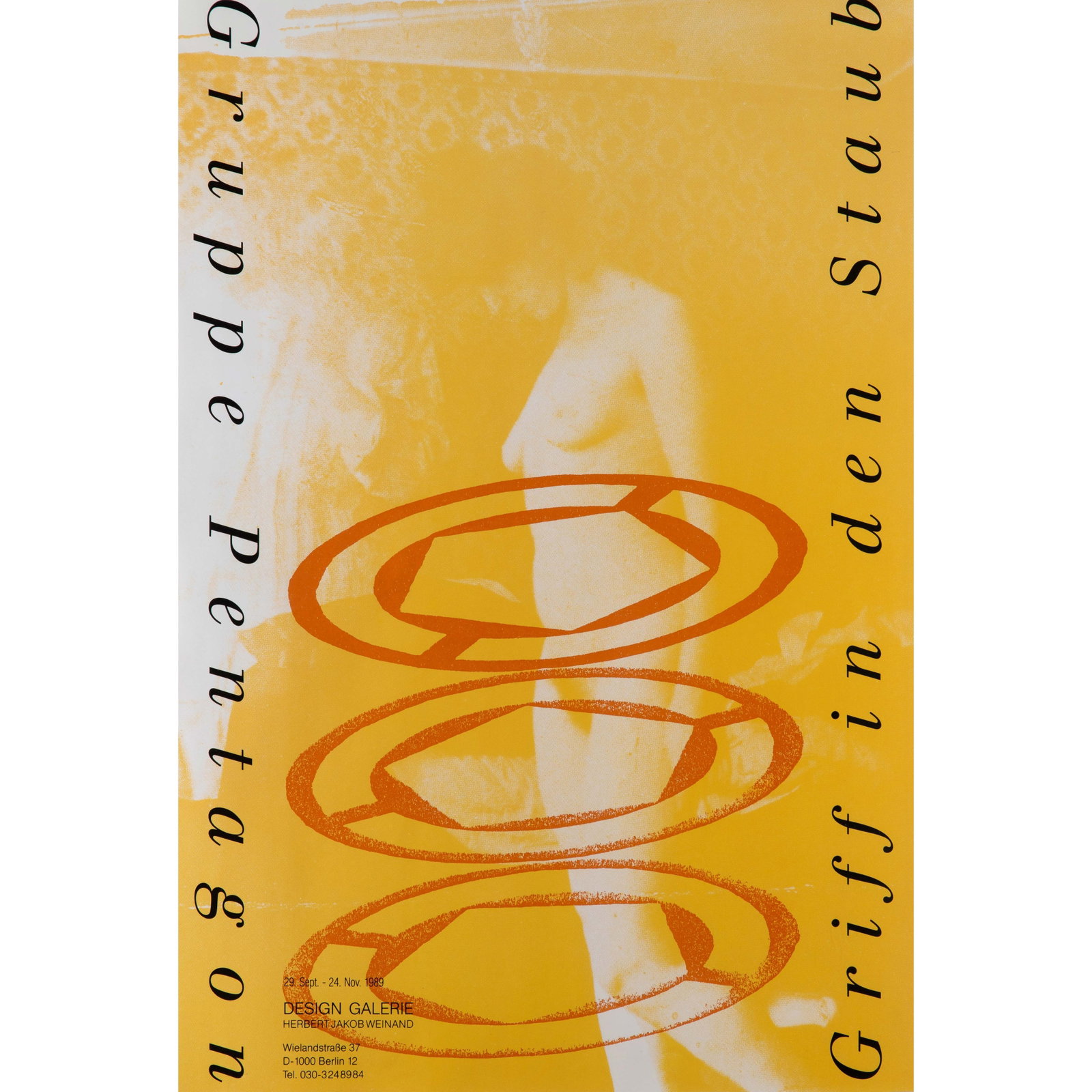 Group Pentagon, Cologne, Exhibition poster 'Griff in den Staub', 1989: Pentagon For the group's second exhibition, which took place from September 29 to November 24 1989. 83 x 55.5 cm. Signed and dated in pencil on cardboard backing by one of the five members, Detlev Mey