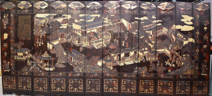 Asian Painted & Carved 12 Panel Room Divider: Asian Painted & Carved 12 Panel Room Divider 19.25" x 108" (slight wood damage)