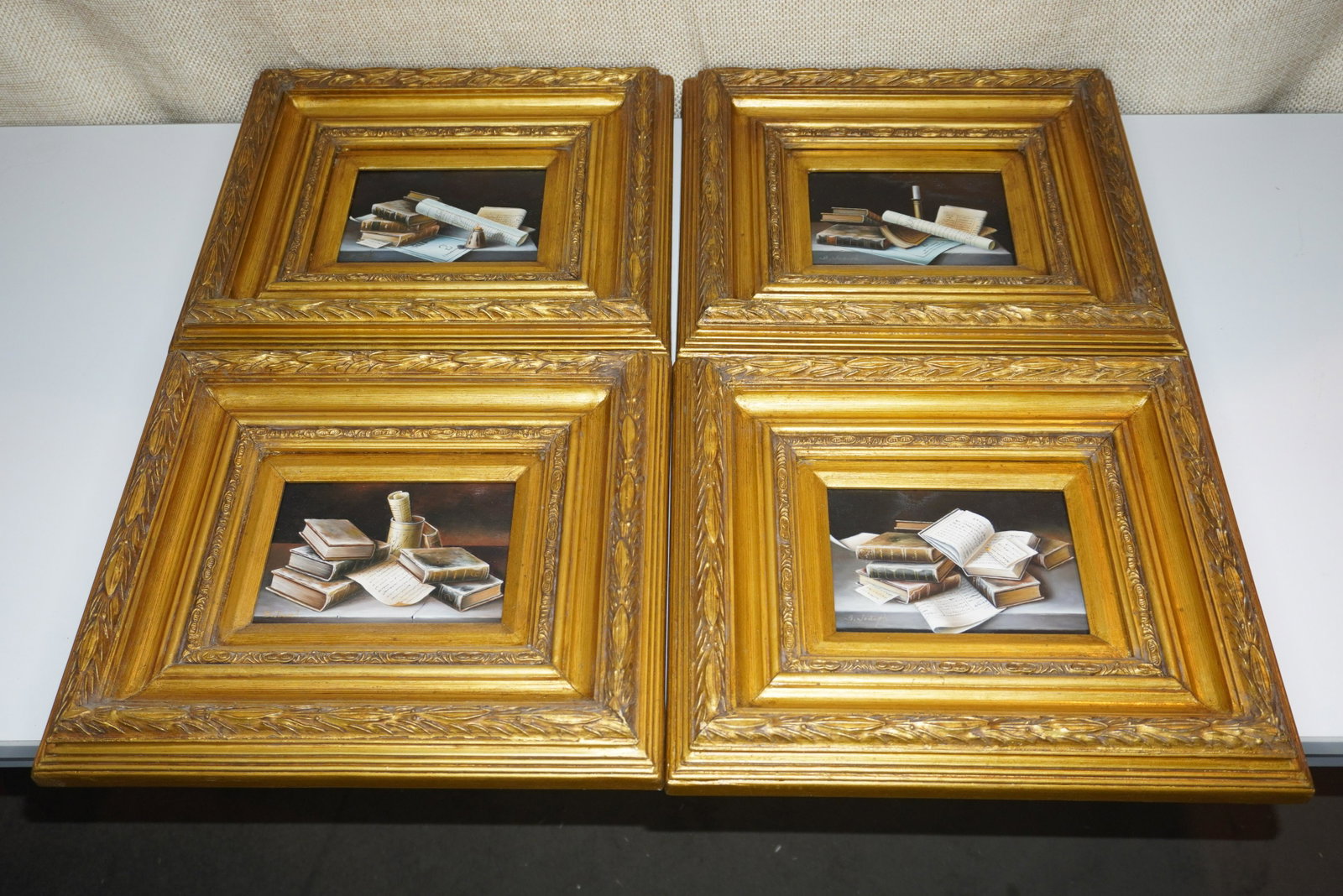 SET OF 4 LIBRARY THEMED OIL ON BOARDS: B. JOSEPH SET OF 4 GILT FRAMED LIBRARY THEMED OIL ON BOARDS PAINTINGS, 13"H X 15"W, VERY GOOD CONDITION