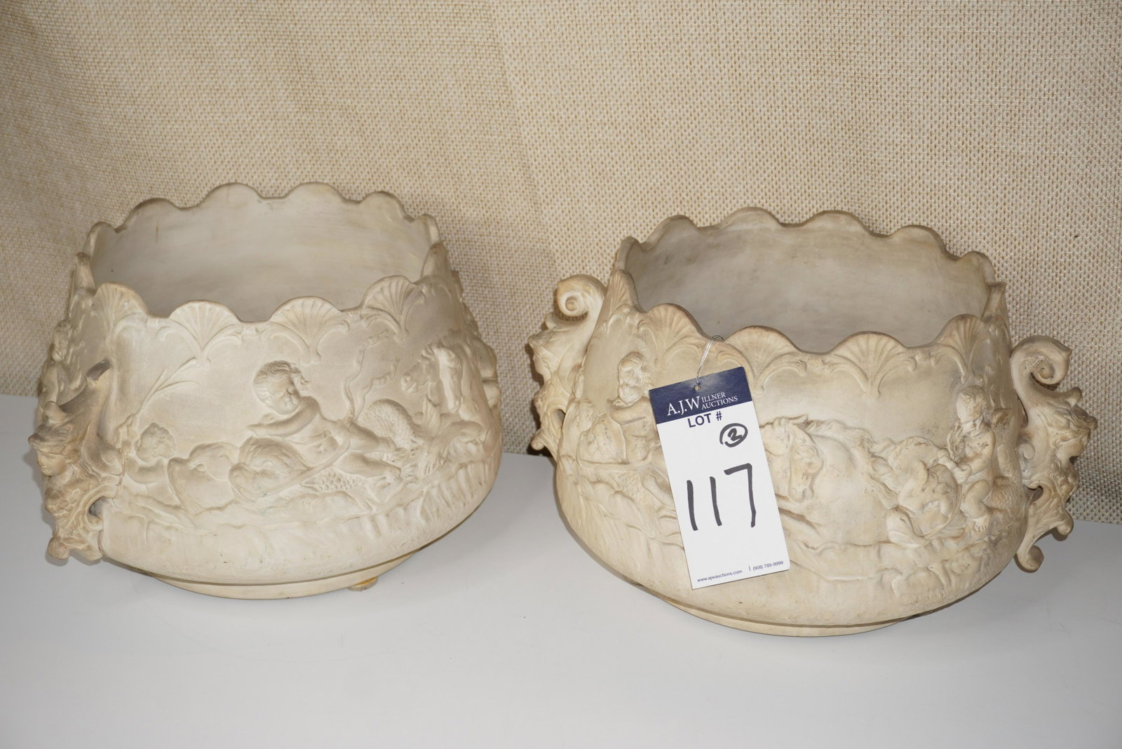 VINTAGE CHERUB & HORSE DECORATED PLANTERS: VINTAGE CHERUB & HORSE DECORATED PLANTERS, 9"H X 17"W, VERY GOOD CONDITION