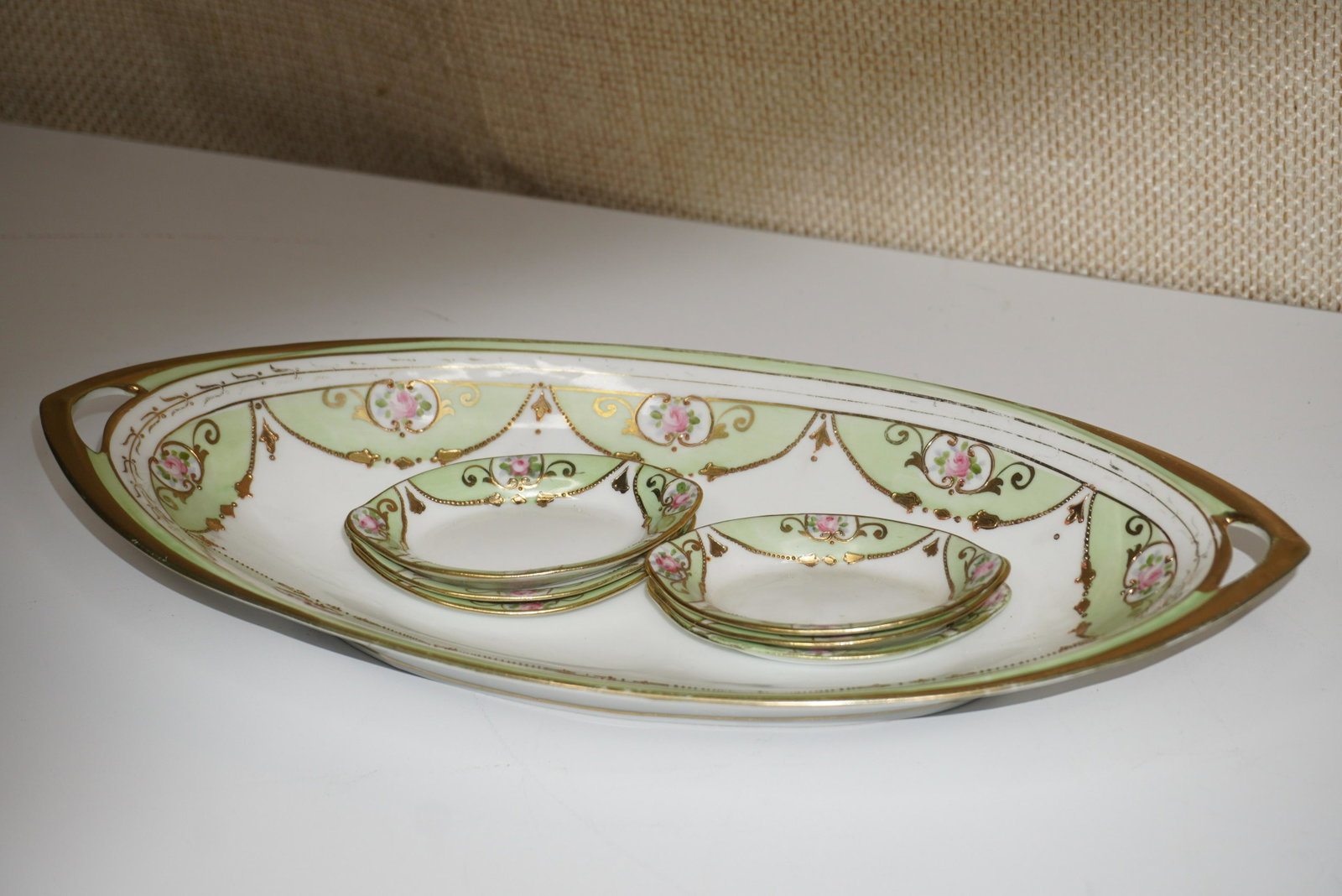 DUSTY ROSE NIPPON CELERY TRAY & DISHES: DUSTY ROSE NIPPON CELERY TRAY & DISHES, 13"L X 16"W, VERY GOOD CONDITION