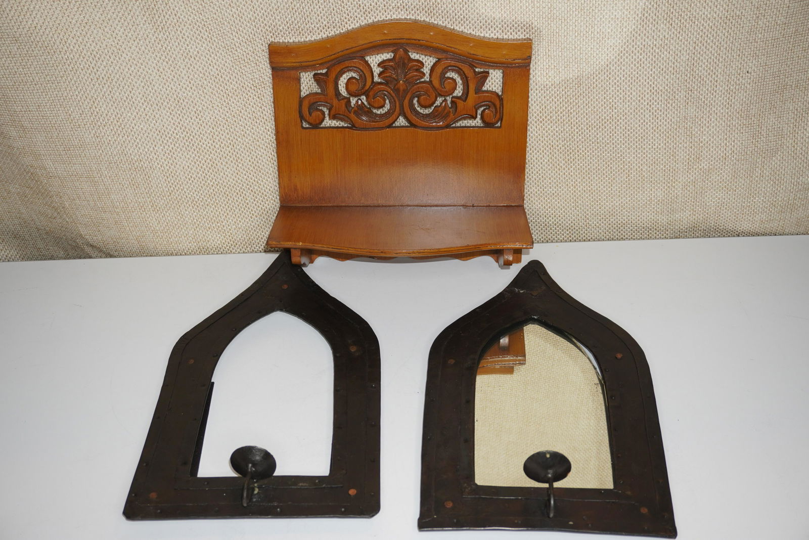 PAIR OF METAL CANDLE HOLDERS & SHELF (1 of 5)