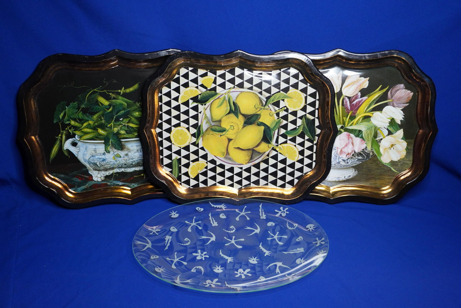 3 METAL TRAYS ALONG W/ GLASS SERVER (1 of 8)