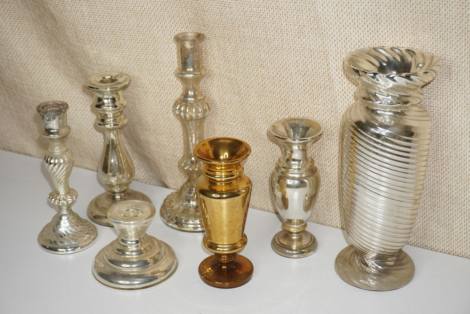 7 VINTAGE MERCURY GLASS CANDLESTICKS (1 of 3)