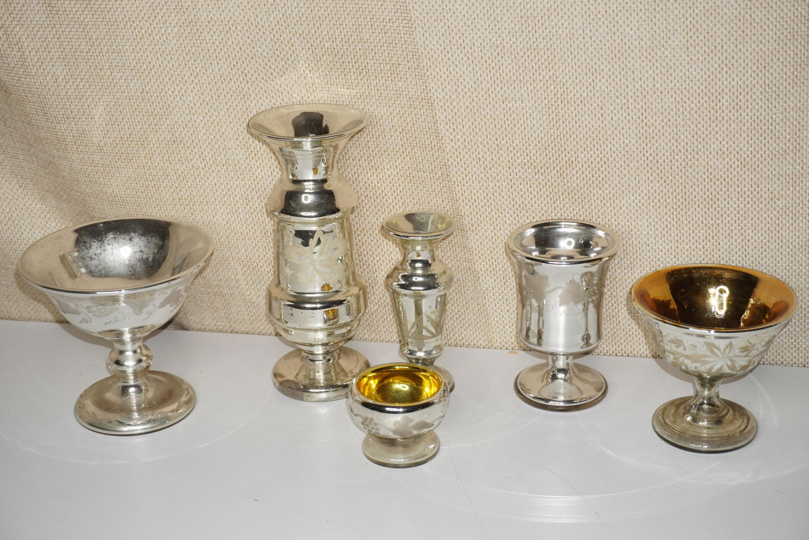 6 VINTAGE ETCHED MERCURY GLASS ITEMS (1 of 3)