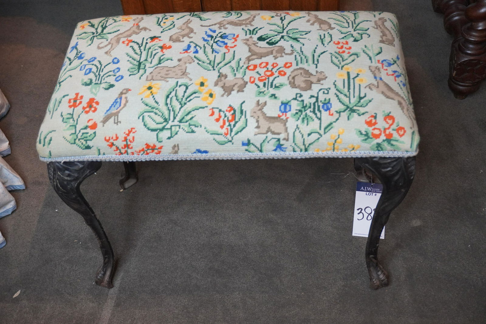 NEEDLEPOINT COVERED IRON LEG BENCH (1 of 5)