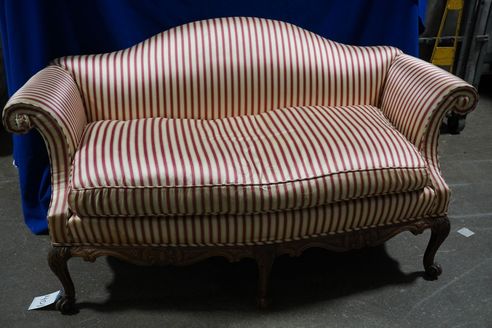 RED & WHITE SILK STRIPED CAMELBACK COUCH (1 of 7)