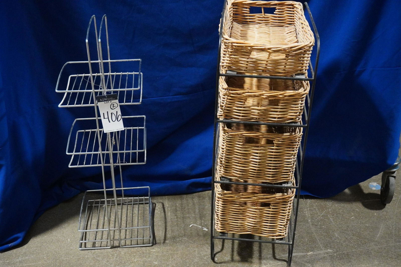 2 WIRE SHELVES, 1 W/ WICKER BASKETS (1 of 3)