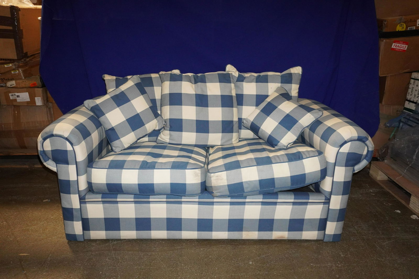 BLUE & WHITE GINGHAM SLEEPER SOFA (1 of 5)