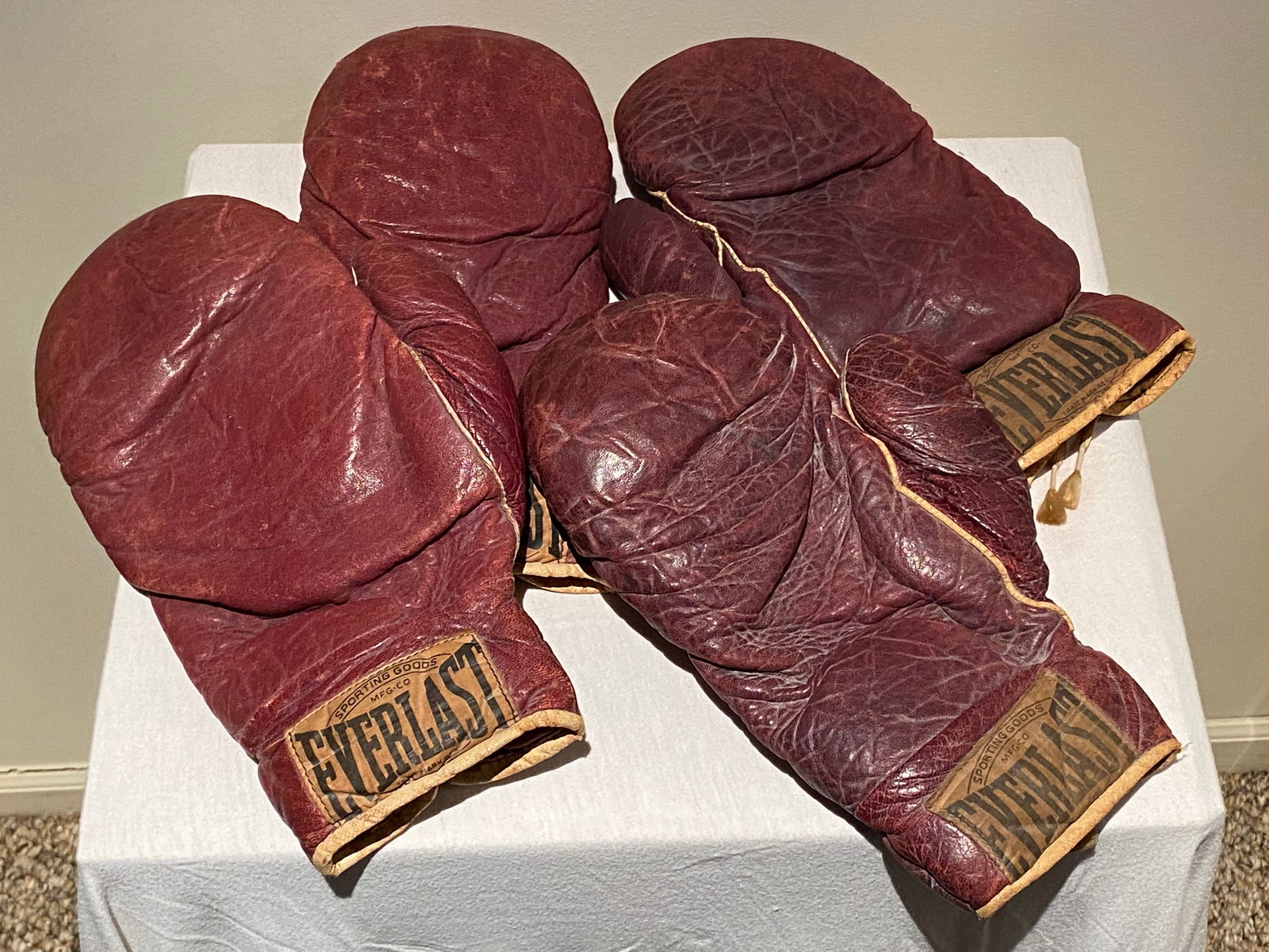 2 Pairs Vintage Everlast Leather Boxing Gloves: Burgundy Leather