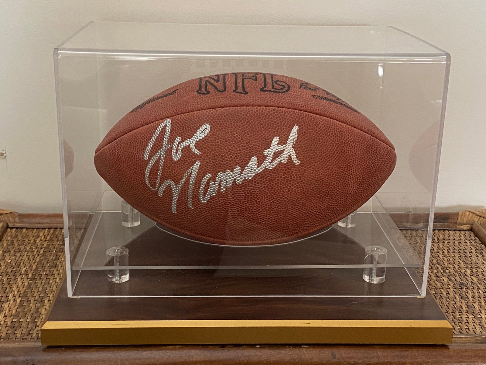 Certified Joe Namath Signed Wilson NFL Football: Plaques by Design COA, Includes Acrylic and Wood Display Case