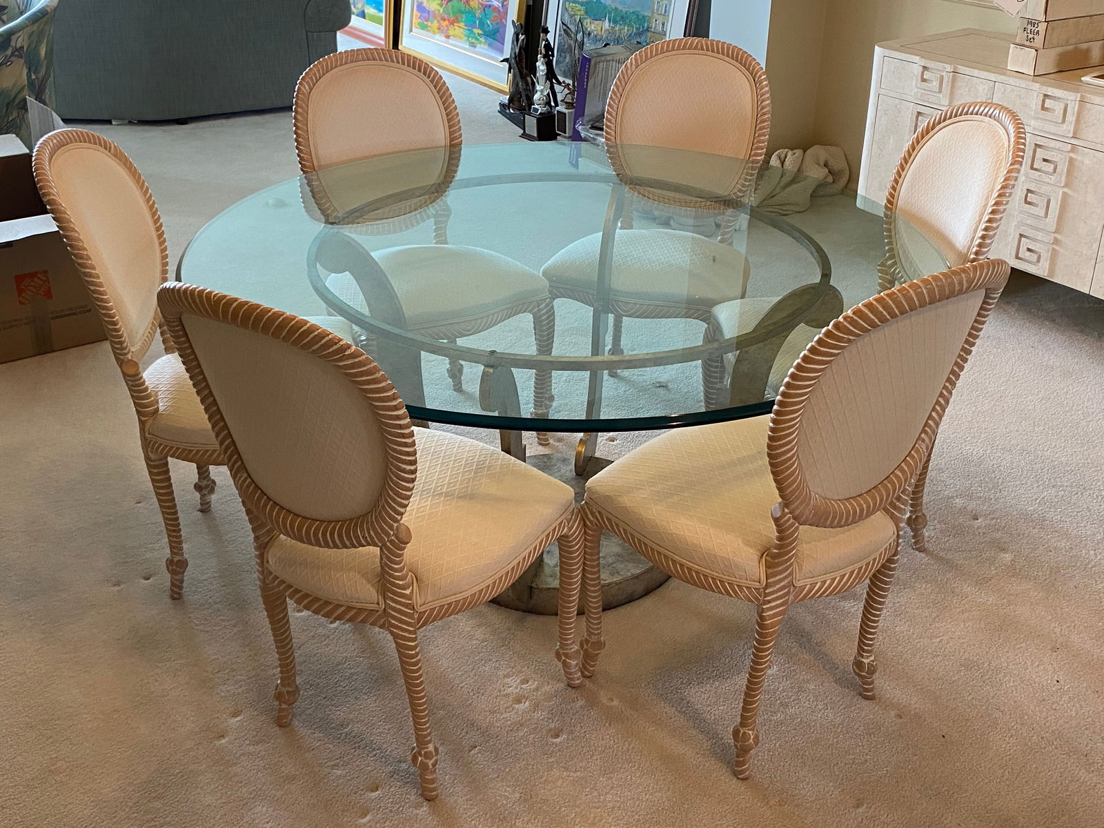 Circular Glass Dining Table w/ Six Upolstered Chairs (1 of 7)