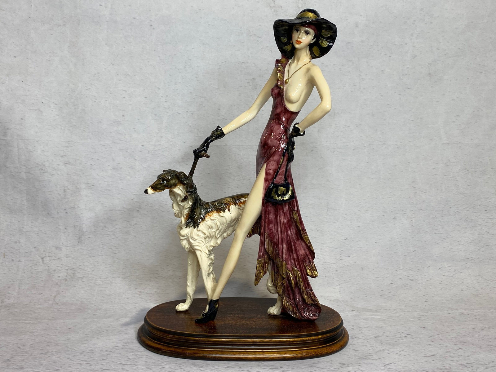 Vintage A. Santini Signed Sculpture Elegant Lady with Borzoi DOG Figurine: Numbered 219/3500