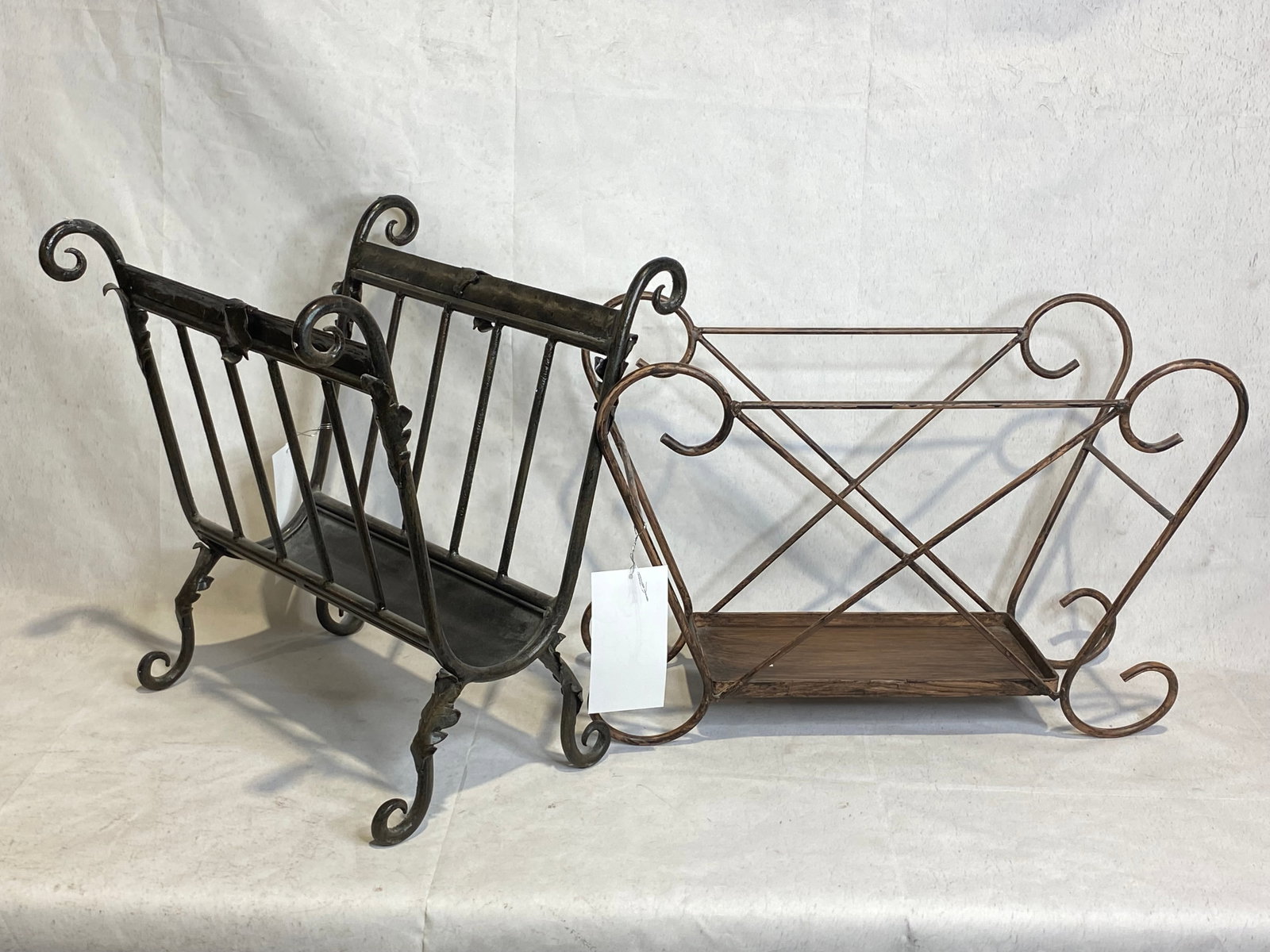 Metal Magazine Racks (2 Pieces): Brown Distressed Paint, 14" x 10" x 20", 16" x 14" x 14"