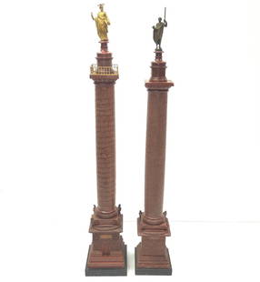 TWO ITALIAN MARMO ROSSO AND ORMOLU REDUCTIONS OF TRAJAN'S COLUMN: One second quarter of the 19th century and one of a later date, figure of Trajan associated. Each of typical form, one surmounted with a figure of St. Peter, the other with a figure of Trajan. Each on
