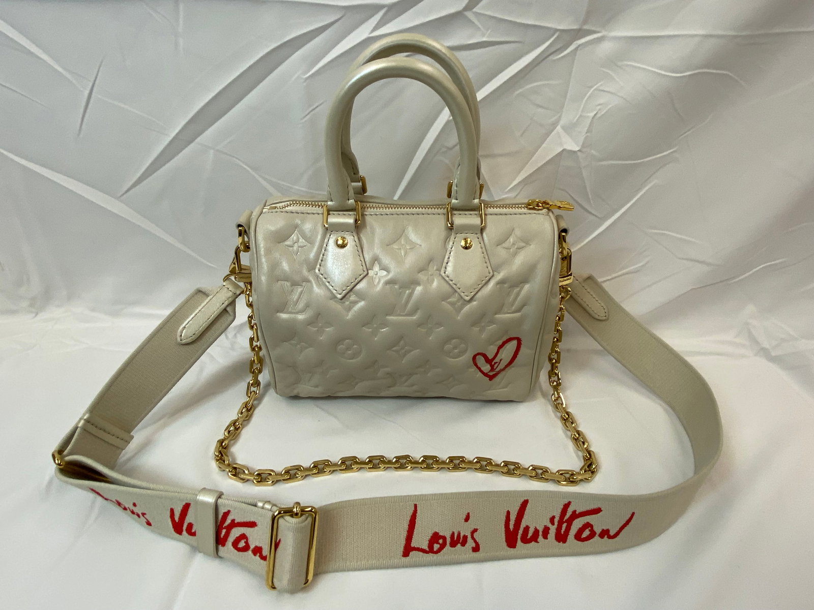 LOUIS VUITTON SPEEDY BANDOULIERE BAG LIMITED  EDITION FALL IN LOVE MONOGRAM EMBOSSED LAMBSKIN (1 of 12)