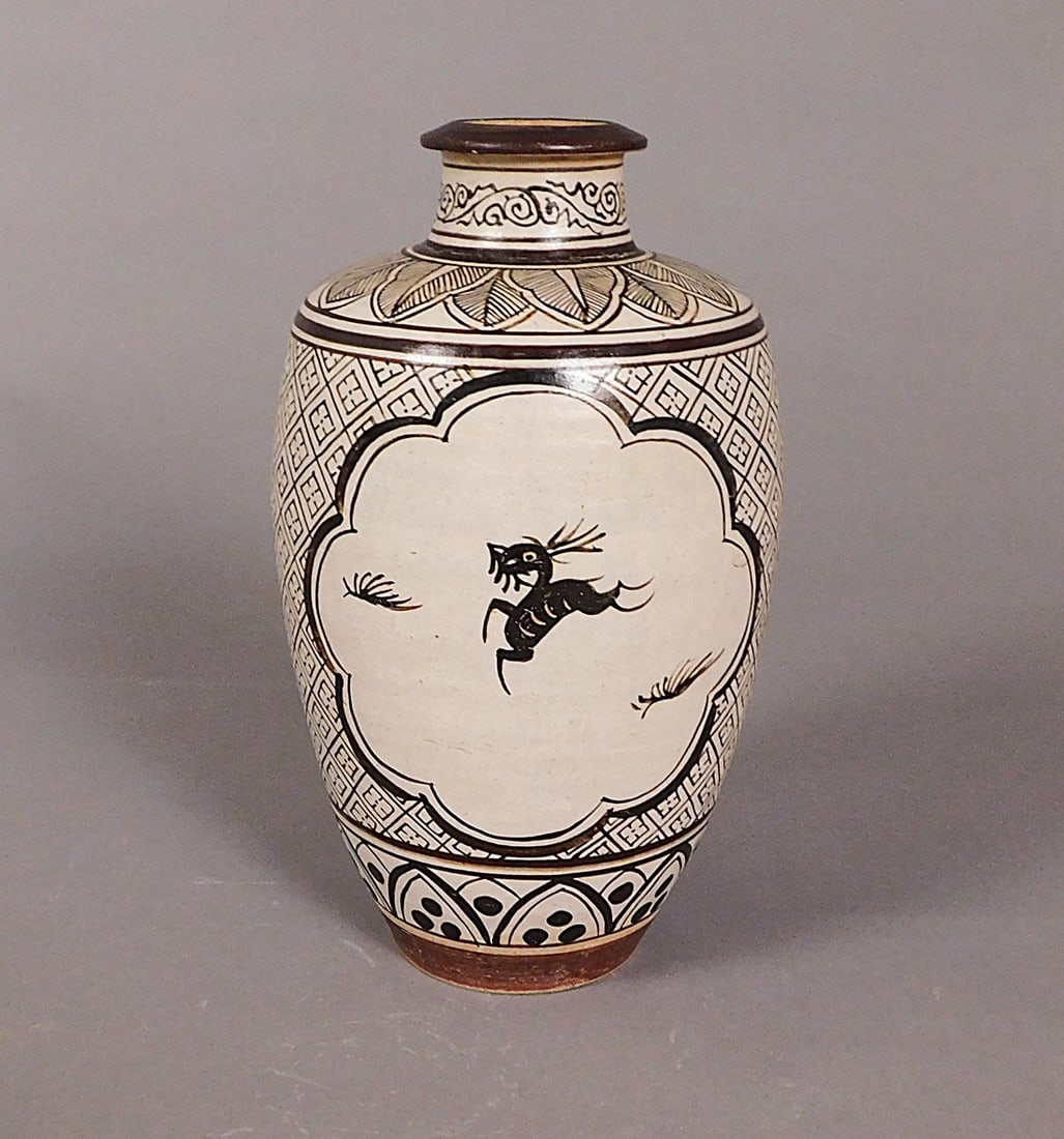 Chizou Vase w/ Leaping Deer Song Dynasty: Stoneware Chizou Vase w/ Leaping Deer presumably Song Dynasty (960-1279) Approx. 8.25 x 4.75" Diam. PROVENANCE: Weisbrod Chinese Art, Ltd., New York
