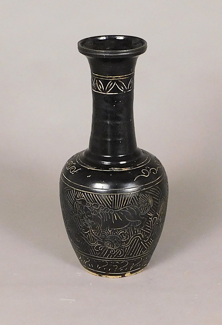 Stoneware Vase Carved w/ Foo Lions Henan Black Glaze Song Dynasty (1 of 8)