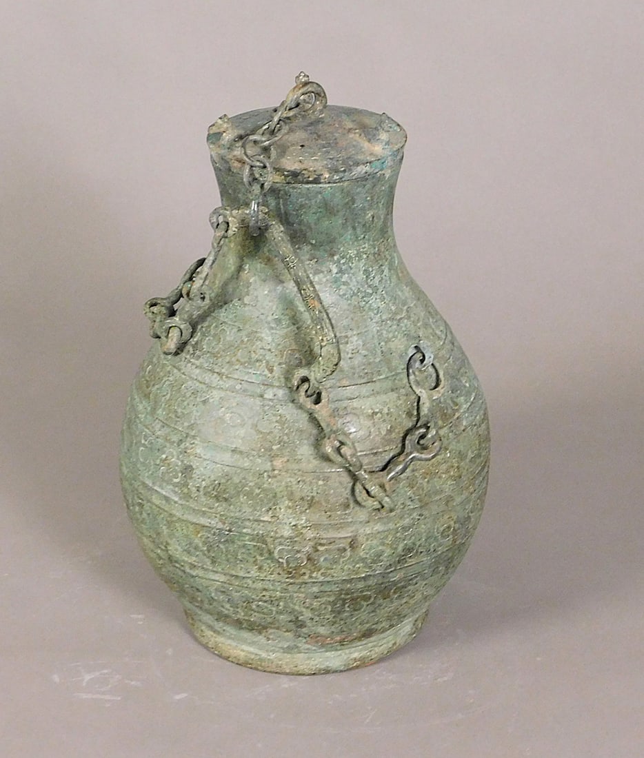 Bronze Vessel Chained Lid Bird Finial Han Dynasty (1 of 15)