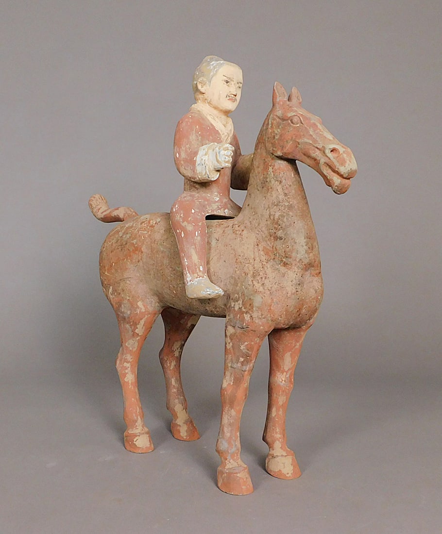 Painted Pottery Horse and Rider Han Dynasty: Painted Pottery Horse and Rider presumably Han Dynasty (206BCE- 220CE), rider is removable, Approx. 20 x 18.75 x 5.5" PROVENANCE: Weisbrod Chinese Art, Ltd., New York