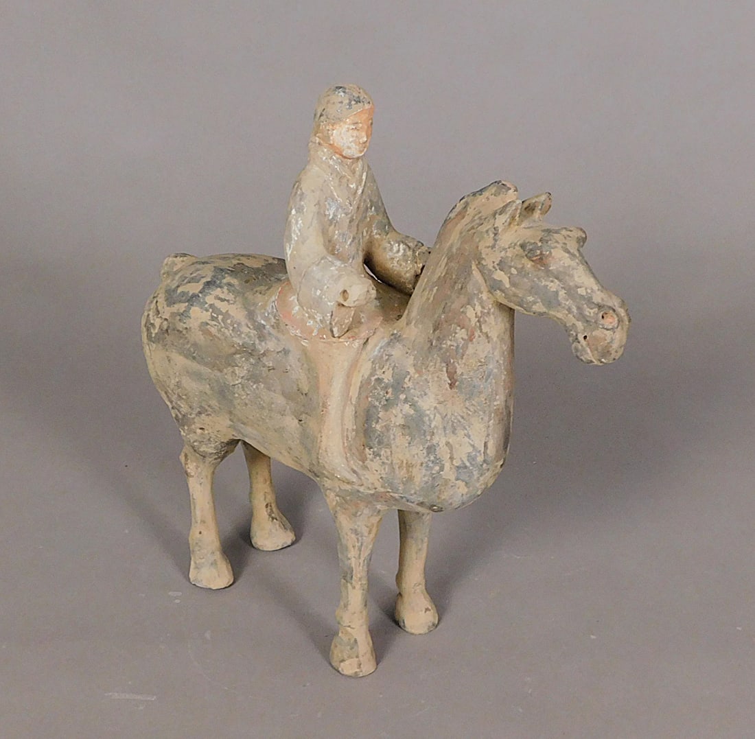Painted Pottery Horse and Rider Han Dynasty: Painted Pottery Horse and Rider presumably Han Dynasty (206BCE-220CE) Approx. 12 x 12 x 3.75" PROVENANCE: Weisbrod Chinese Art, Ltd., New York