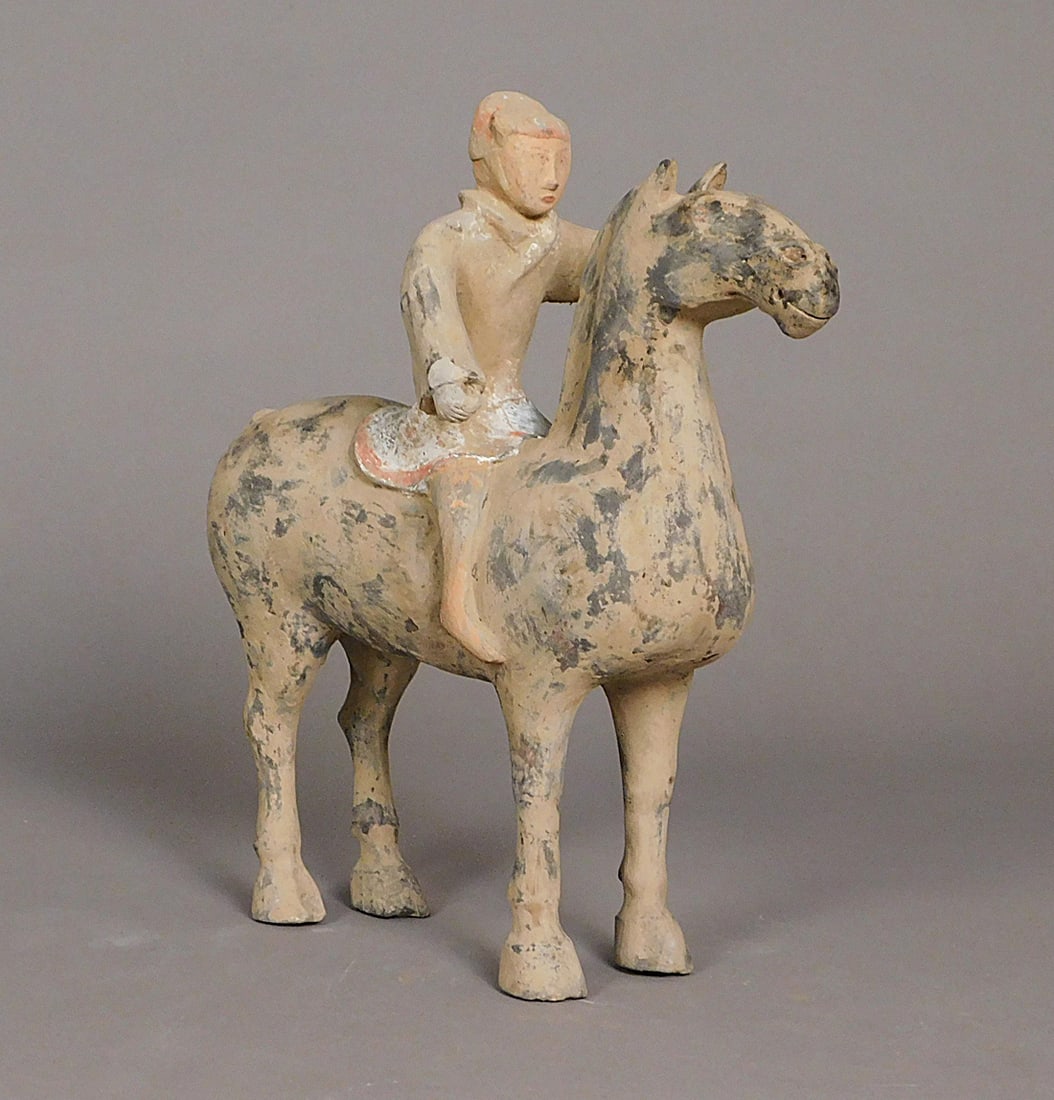 Painted Pottery Horse and Rider Han Dynasty: Painted Pottery Horse and Rider presumably Han Dynasty (206CE-220CE) Approx. 11.75 x 11.5 x 4" PROVENANCE: Weisbrod Chinese Art, Ltd., New York