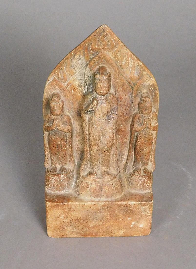 Marble Buddha w/ Attendants Stele Northern Qi Dynasty: Marble Buddha w/ Attendants Stele presumably Northern Qi Dynasty (550-577) Approx. 11 x 5.75 x 3.5" PROVENANCE: Weisbrod Chinese Art, Ltd., New York