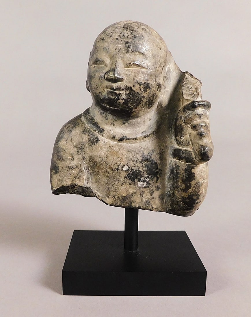Blackstone Arhat Fragment Northern Qi Dynasty: Blackstone Arhat Fragment presumably Northern Qi Dynasty (550-577) Approx. 5 x 4.25 x 2.5" PROVENANCE: Weisbrod Chinese Art, Ltd., New York