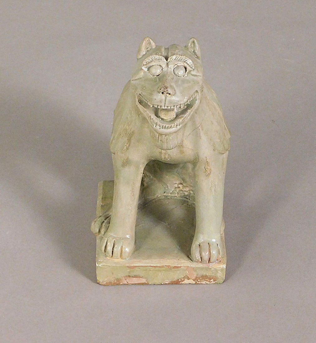 Pottery Mythical Figure w/ Pale Green Glaze Tang Dynasty: Pottery Mythical Figure w/ Pale Green Glaze presumably Tang Dynasty (618-907) Approx. 6.5 x 3.25 x 4 PROVENANCE: Weisbrod Chinese Art, Ltd., New York