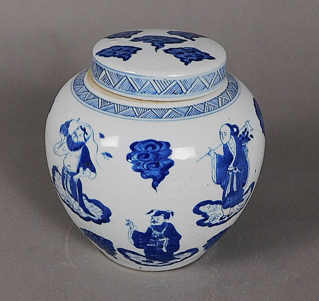 Blue and White Glazed Pottery Jar w/ Lid Qing Dynasty (1 of 12)