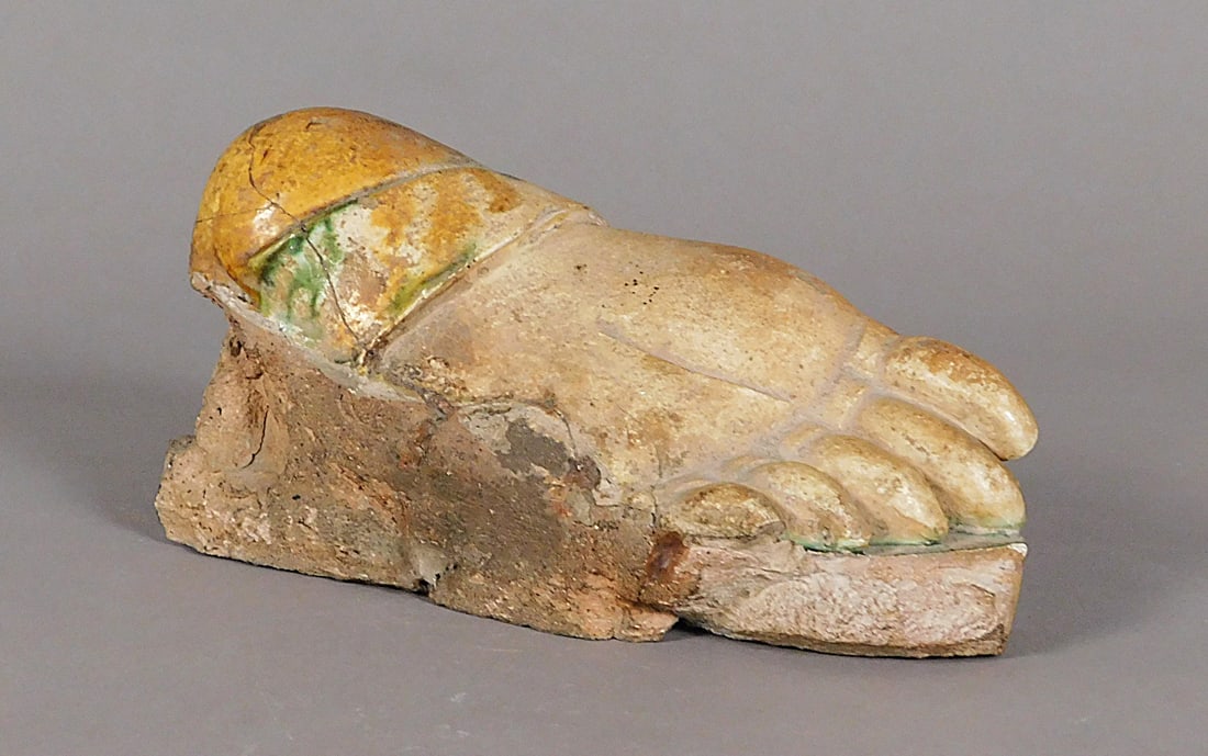 Sancai Glazed Pottery Large Foot Fragment Tang Dynasty: Sancai Glazed Pottery Large Foot Fragment presumably Tang Dynasty (618-907) Approx. 5.75 x 7 x 9.75" PROVENANCE: Weisbrod Chinese Art, Ltd., New York
