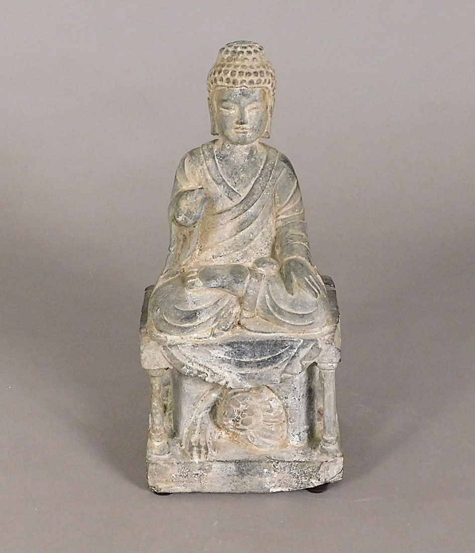 Carved Blackstone Buddha on Throne over Foo Lion Tang Dynasty or Earlier (1 of 17)