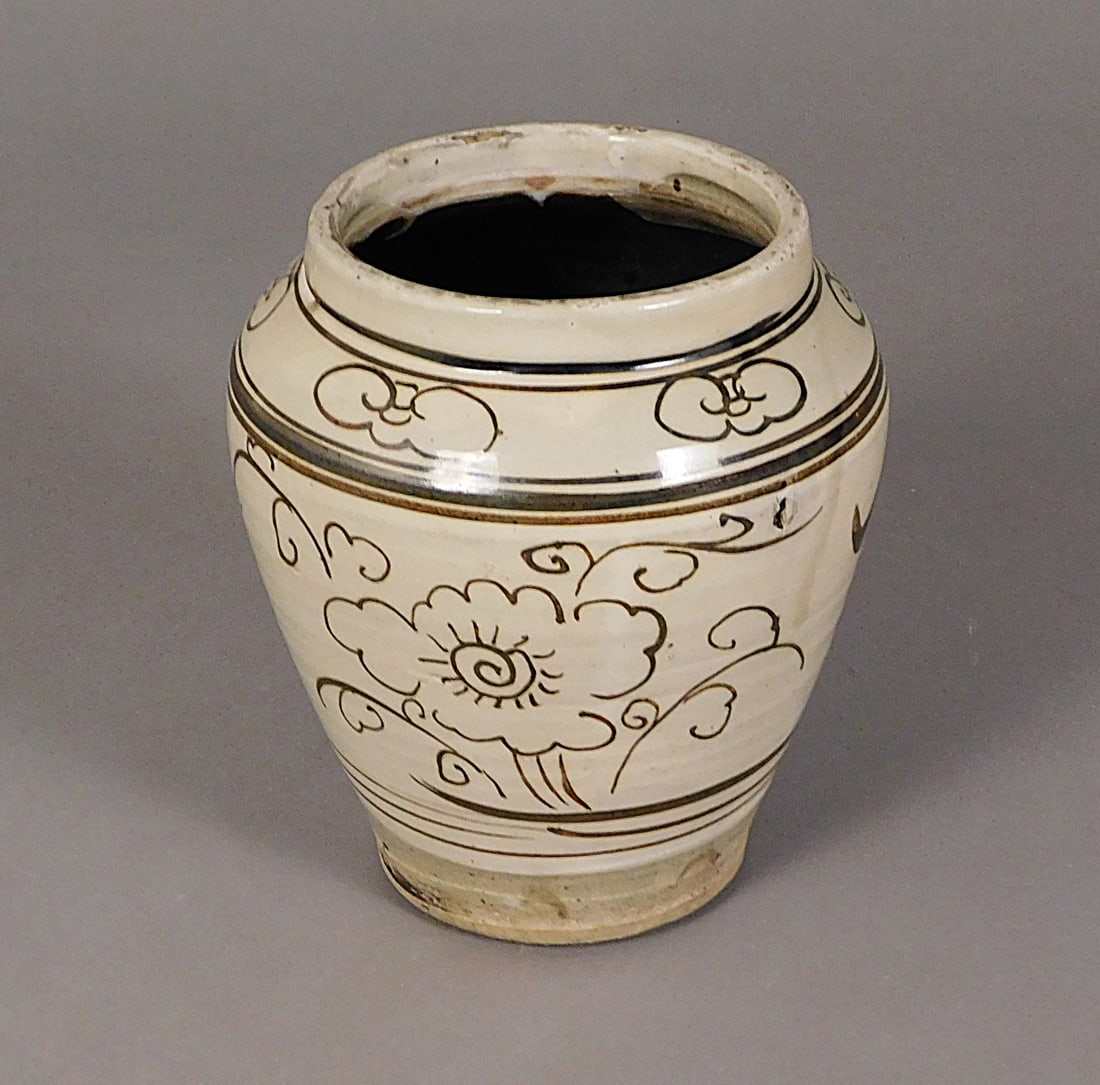Cizhou Vase Floral Motif w/ Chinese Characters Jin Dynasty: Cizhou Vase Floral Motif with Chinese Characters presumably Jin Dynasty 1115-1234) Approx. 7.5 x 6.5" Diam. PROVENANCE: Weisbrod Chinese Art, Ltd., New York
