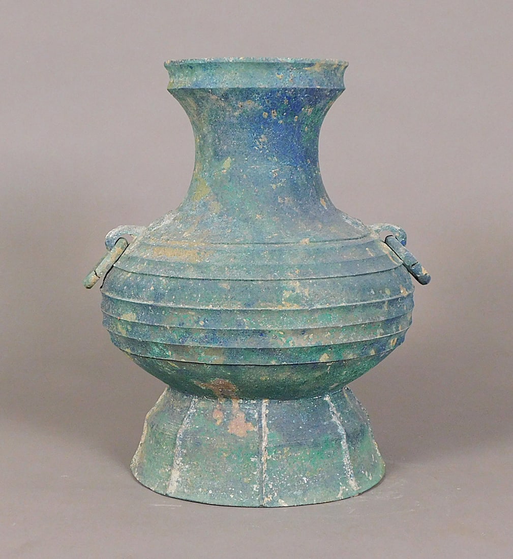 Bronze Wine Vessel Hu Han Dynasty: Bronze Wine Vessel Hu presumably Han Dynasty (206BCE-220CE) Approx. 14.5 x 9.25" Diam. PROVENANCE: Weisbrod Chinese Art, Ltd., New York