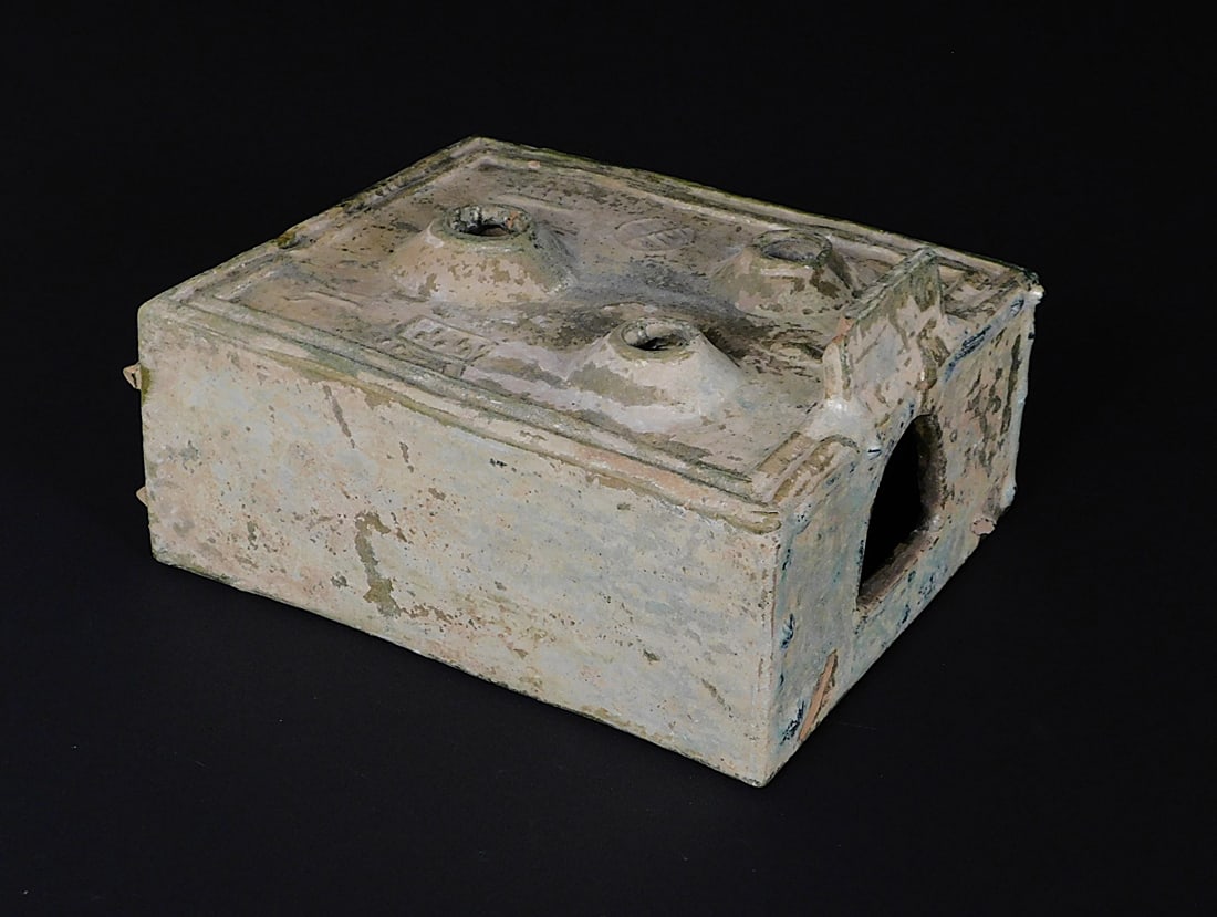 Pottery Iridescent Green Glaze Stove Han Dynasty: Pottery Iridescent Green Glaze Stove presumably Han Dynasty (206BCE-220CE) Approx. 10 x 8 x 4.5" PROVENANCE: Weisbrod Chinese Art, Ltd., New York
