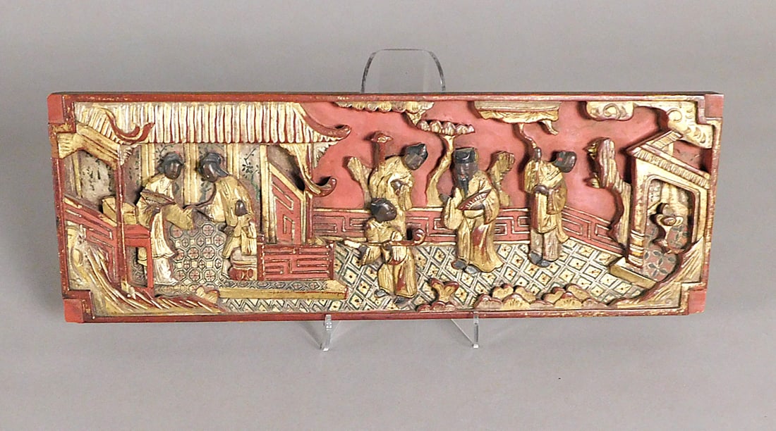 Hand-Carved Gilt and Lacquered Wood Panel Qing Dynasty: Hand-Carved Gilt and Lacquered Wood Panel presumably Qing Dynasty (1644-1912) Courtly Scene Approx. 6 x 17 x .75" PROVENANCE: Weisbrod Chinese Art, Ltd., New York