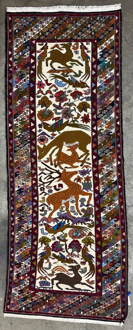 Shahsavan-So Runner, 3'-9" X 9'-8": Size: 3'-9" X 9'-8" Country of Origin: TRK Color: IVR Border: MLT Advertised Retail Price: $ 2950 Tag No. 11325