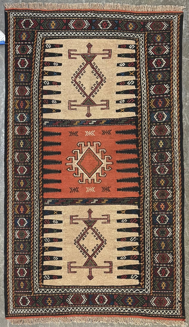 Kochan-Gabb Accent Rug, 3'-3" X 5'-8": Size: 3'-3" X 5'-8" Country of Origin: TRK Color: MLT Border: MLT Advertised Retail Price: $ 1100 Tag No. 11369