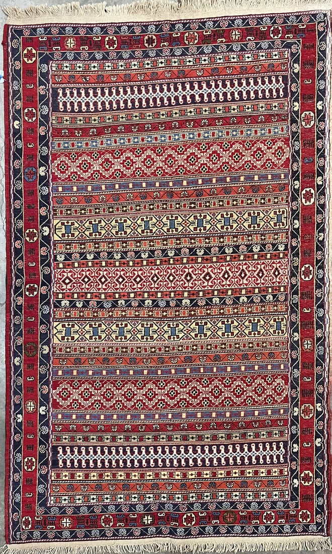 Rahra-Souma Area Rug, 4'-3" X 6'-11": Size: 4'-3" X 6'-11" Country of Origin: TRK Color: MLT Border: MLT Advertised Retail Price: $ 2200 Tag No. 11089